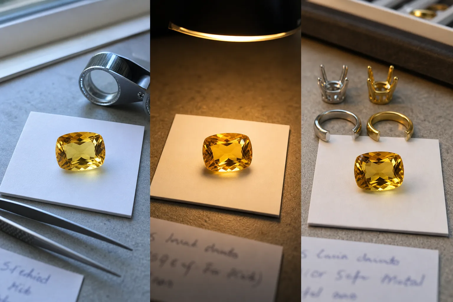 Citrine color comparison under different lighting and setting conditions