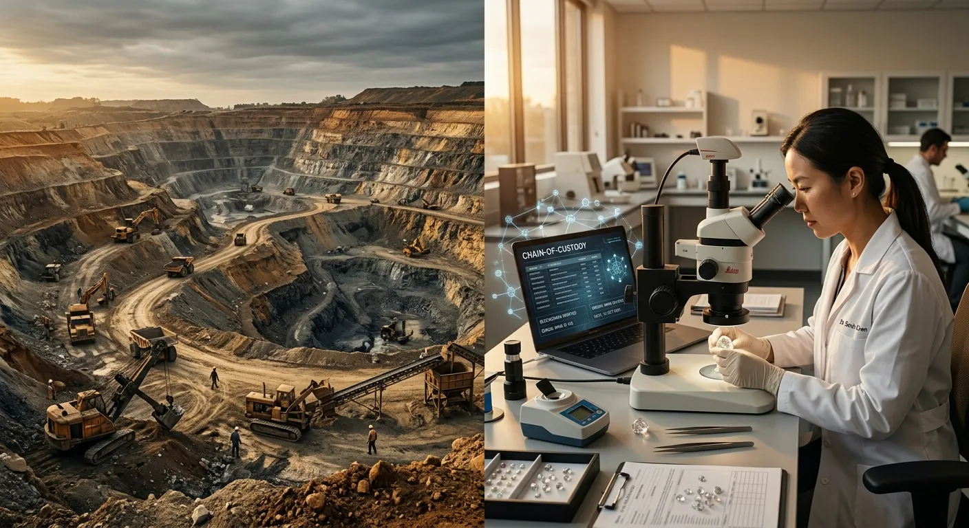 Cinematic archival-style scene of a depleting historical mining pit transitioning into a modern lab chain-of-custody workflow, with warm light and precise technical detail