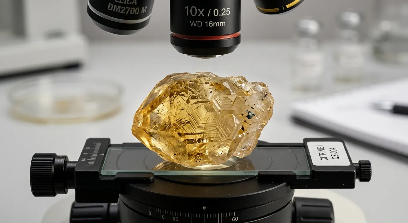Microscopic geological inspection of a golden quartz specimen with crisp lattice details and laboratory lighting