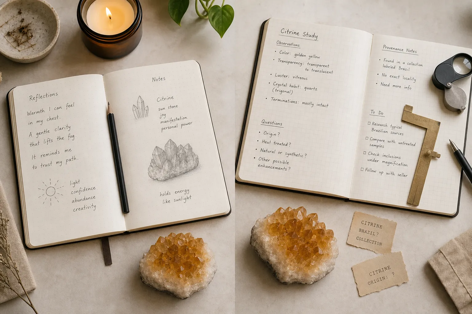 Two ledgers separating symbolic shadow work notes from citrine evidence and provenance questions