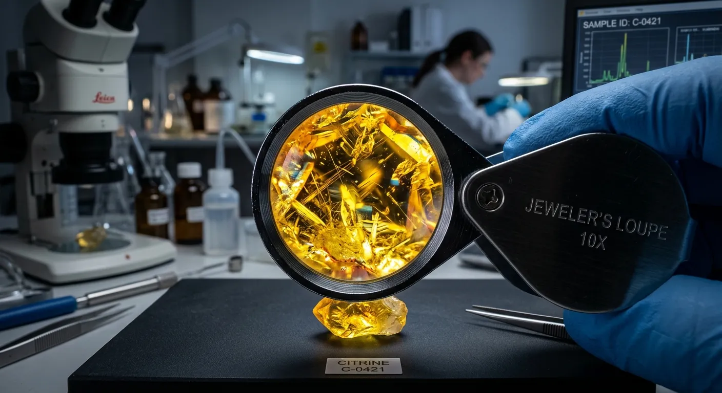 Jeweler's loupe inspecting a quartz crystal for microscopic gas bubbles