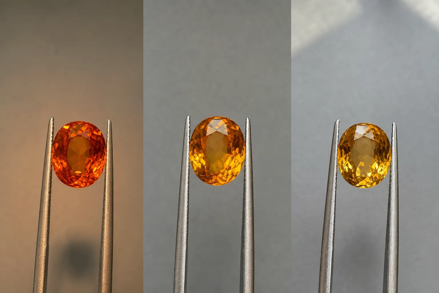Citrine viewed under different lighting conditions to judge whether red-orange, amber, or golden color remains consistent