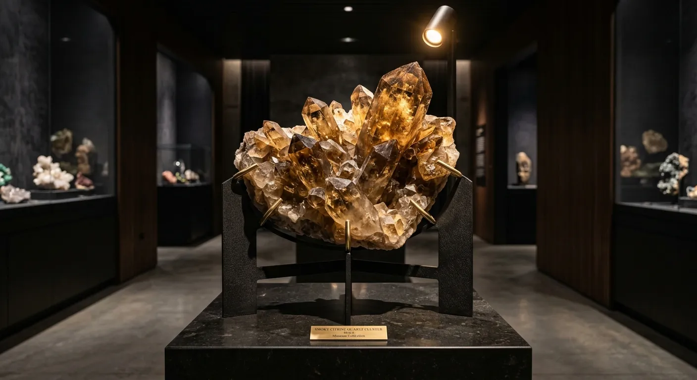 Large museum-grade Congo quartz cluster displayed on a custom brass armature