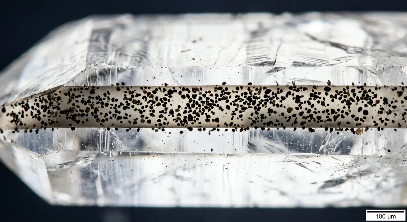 Microscopic view of breadcrumb inclusions in synthetic quartz