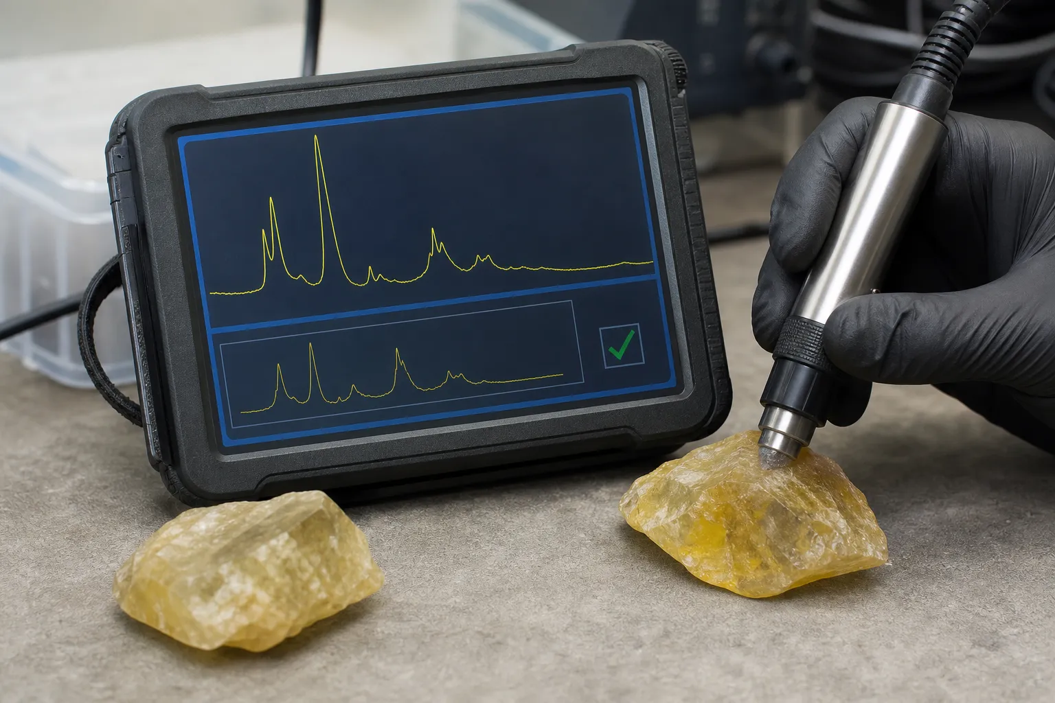 Crystal screening scene showing a measured point that can confirm quartz while leaving heat treatment unresolved